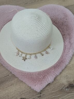 Stranded White Straw Sun Hat with Gold Sea Charm Chain